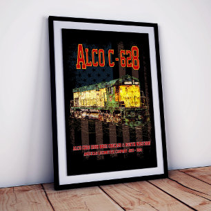 Póster Locomotora diésel Alco C-628 y bandera estadounide