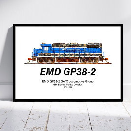 Póster Locomotora diésel EMD GP38-2 azul y blanca de GATX
