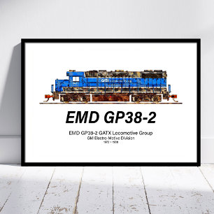 Póster Locomotora diésel EMD GP38-2 azul y blanca de GATX