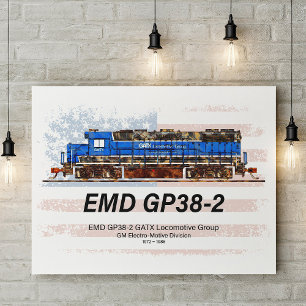 Póster Locomotora diésel EMD GP38-2 y bandera estadounide