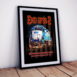 Póster Locomotora diésel EMD GP38-2 y bandera estadounide
