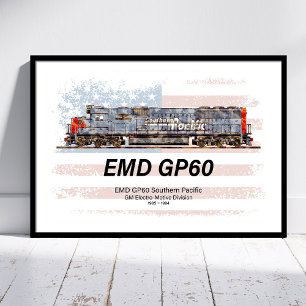 Póster Locomotora diésel EMD GP60 y bandera estadounidens