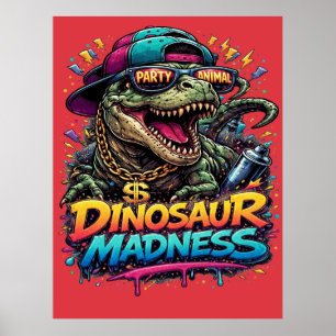 Póster Locura de dinosaurios: gráfico de T-Rex fiestero