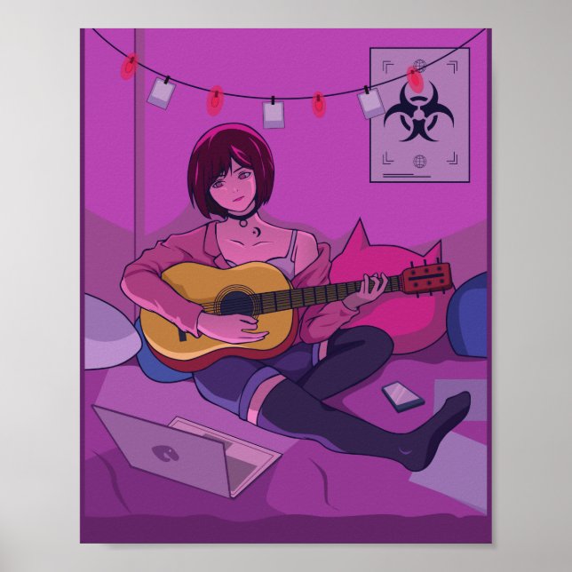 Póster Lofi Anime Art Playing Guitar (Frente)