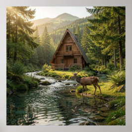 Póster Log Cabin, Stream, Mountains and Deer Nature Art