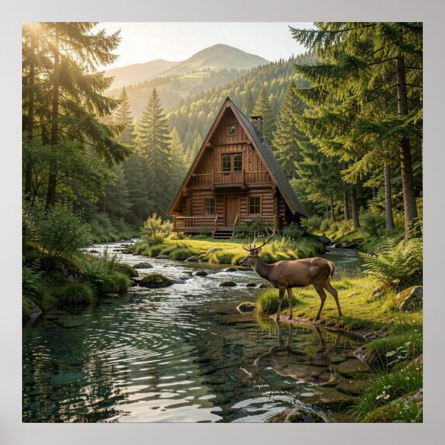 Póster Log Cabin, Stream, Mountains and Deer Nature Art (Frente)