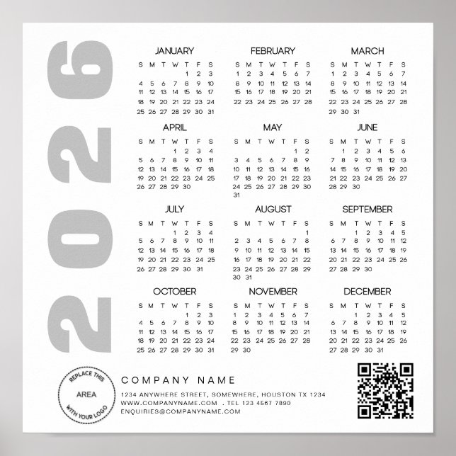 Póster Logo 2026 Calendario Código QR Nombre de la compañ (Frente)