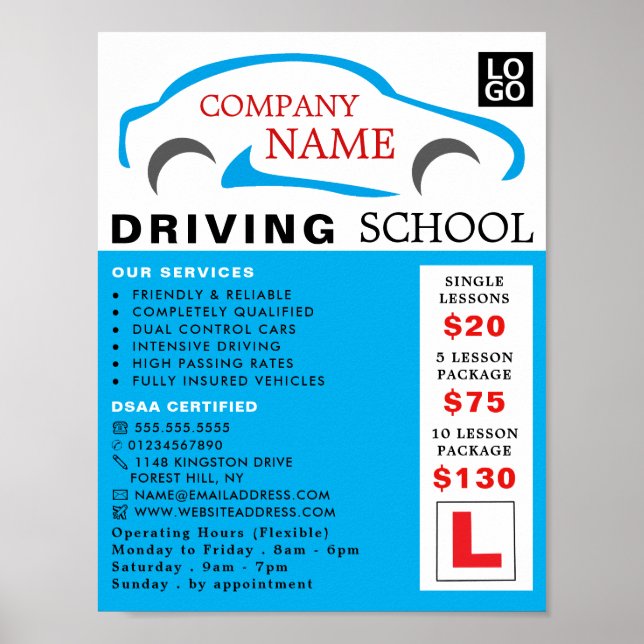 Póster Logo de Blue Car, Escuela de Conducción, Anuncio d (Frente)