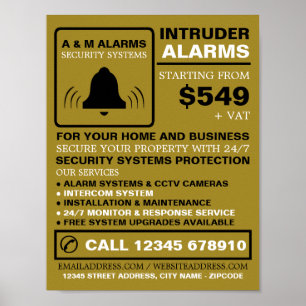Póster Logotipo de alarmas en negro y oro, servicio de al