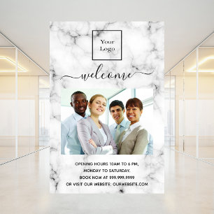 Póster logotipo de empresa foto de bienvenida mármol blan