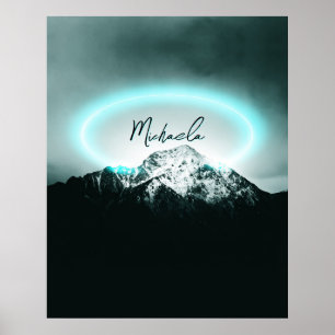 Póster Logotipo de luz de neón azul misterioso de montaña
