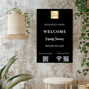 Póster logotipo de negocio de código QR negro seminario s
