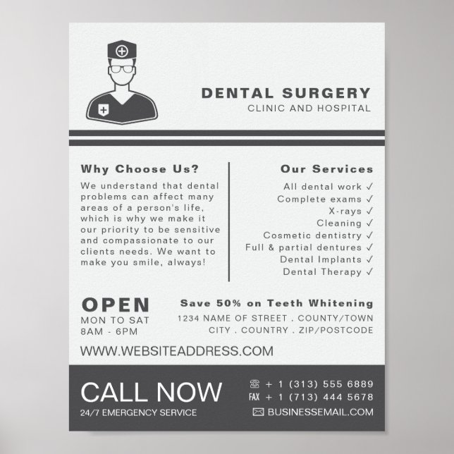 Póster Logotipo médico, odontología, publicidad dentista (Frente)