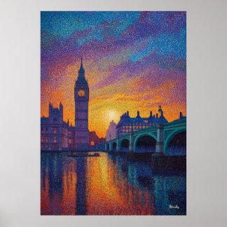 Póster London Big Ben Pointillism Skyline Sunset Art