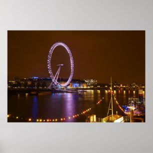 Póster London Eye, río Támesis y luces de