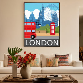 Póster London skyline retro travel poster red bus