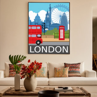 Póster London skyline retro travel poster red bus