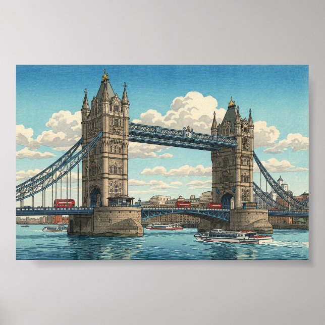Póster London Tower Bridge Japanese Woodblock Print (Frente)
