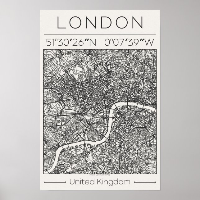 Póster London UK Charcoal City Map Poster Minimal Wall (Frente)