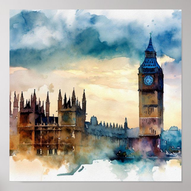 Póster Londres-Big Ben-(B), acuarela (Frente)