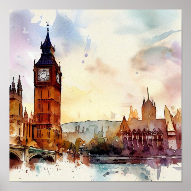 Póster Londres-Big Ben-(C), acuarela (Frente)