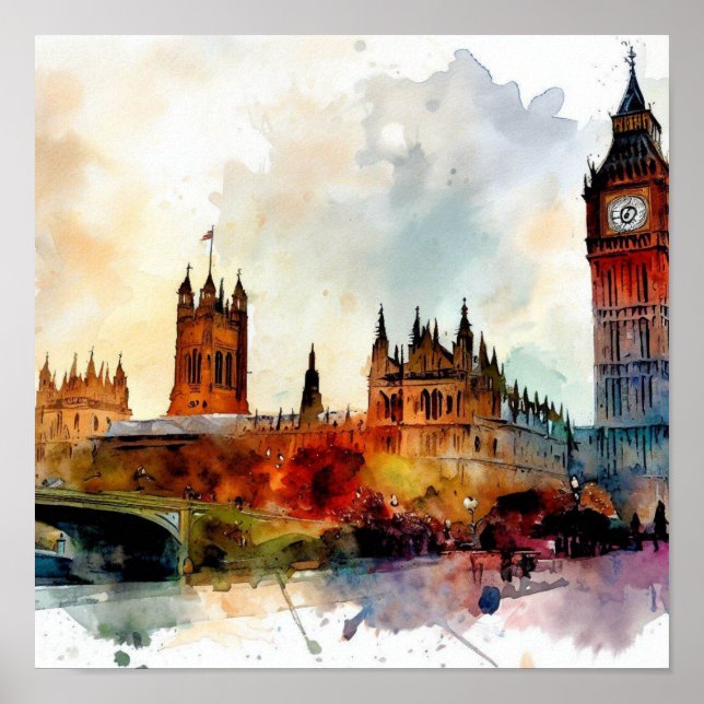 Póster Londres-Big Ben-(D), acuarela (Frente)