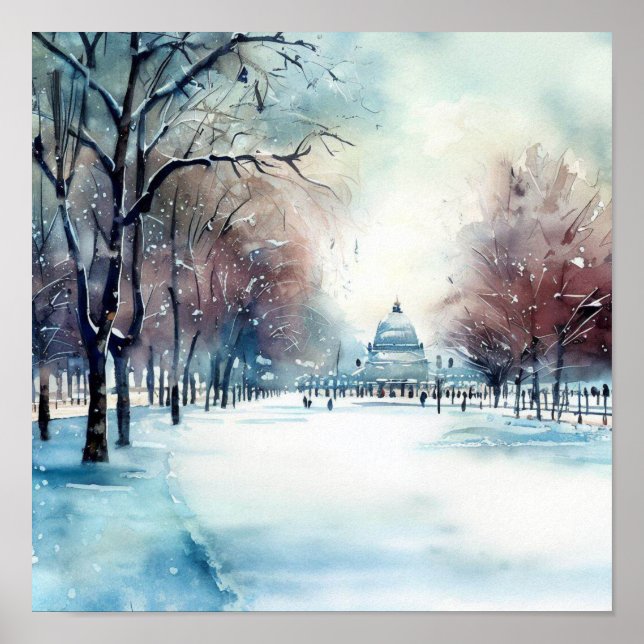 Póster Londres-Hyde Park en invierno (C), acuarela (Frente)