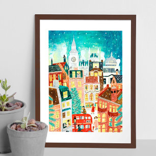 Póster Londres ilustrativo ciudad en la Navidad de nieve