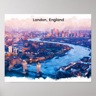 Póster Londres Inglaterra Acuarela Paisaje Urbano Aéreo