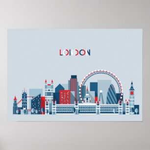 Póster Londres, Inglaterra horizonte rojo, blanco y azul