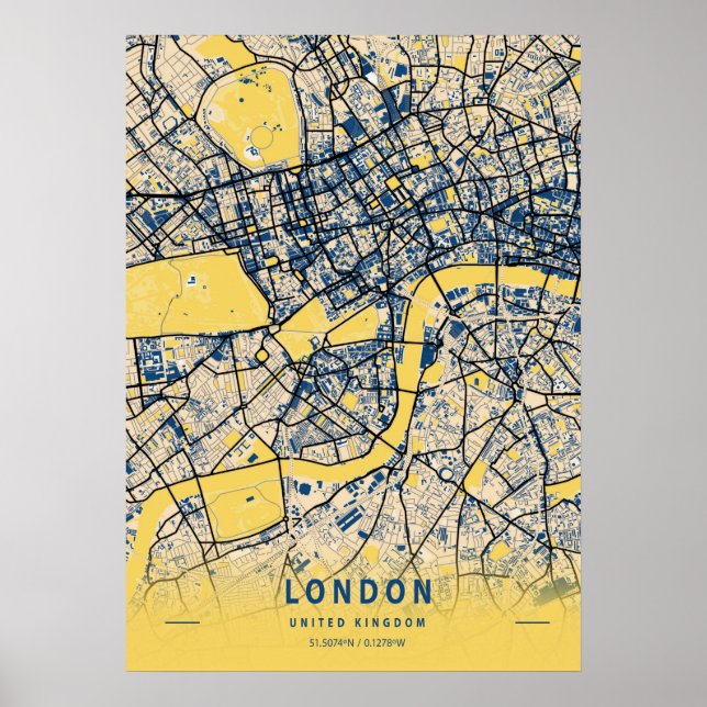 Póster Londres - Mapa de la ciudad amarilla del Reino Uni (Frente)