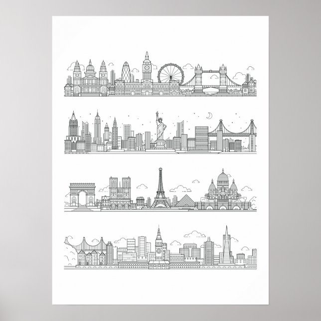 Póster Londres Nueva York París San Francisco Skyline Pos (Frente)