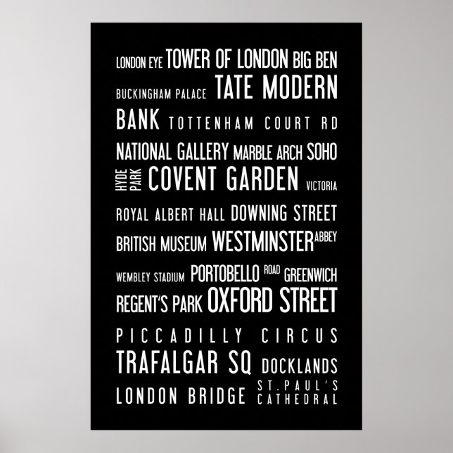 Póster Londres - poster tipográfico, blanco y negro (Frente)