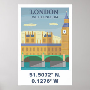 Póster Londres Reino Unido Coordenadas de Viajes Antiguos