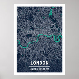 Póster Londres - Reino Unido Mapa de la Ciudad Oscura Azu