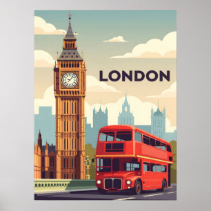 Póster Londres vintage con Big Ben y autobús rojo