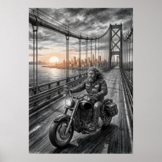 Póster  Lone Biker Crosses Suspension Bridge City Skyline