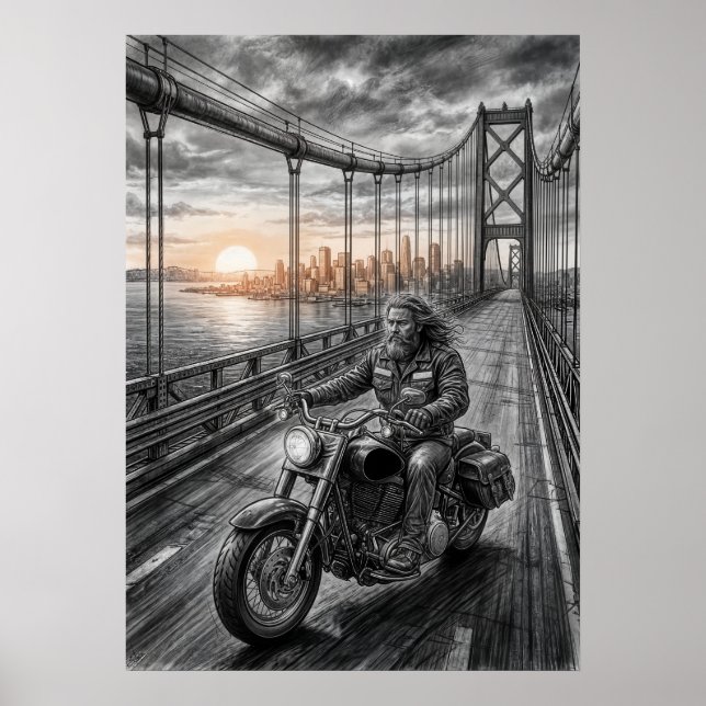 Póster  Lone Biker Crosses Suspension Bridge City Skyline (Frente)