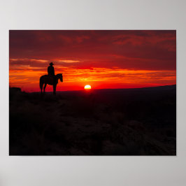 Póster Lone Cowboy Silhouette Dramatic Red Sunset Western