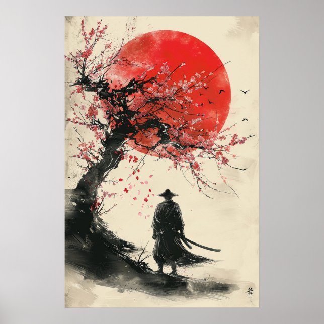 Póster Lone Samurai – Red Sun Japanese Ink Art (Frente)