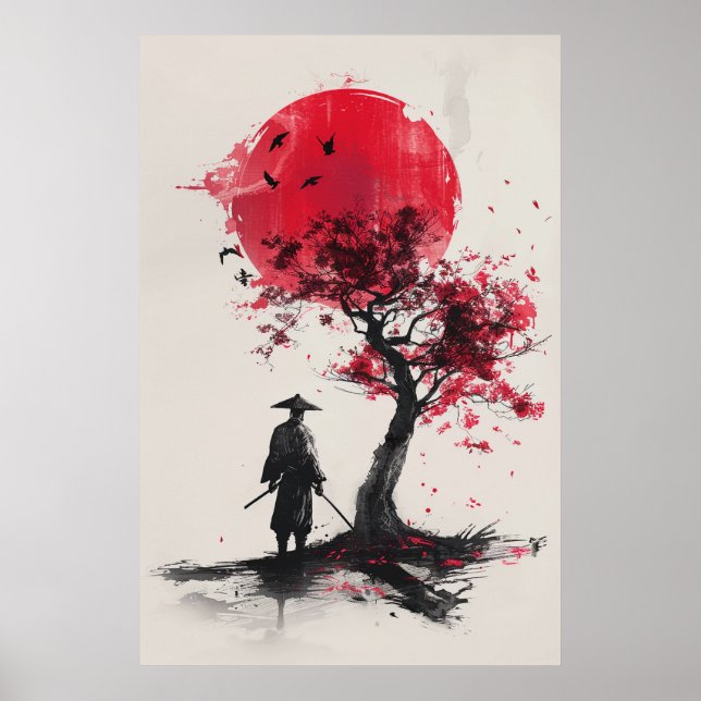 Póster  Lone Samurai – Red Sun Japanese Ink Art (Frente)