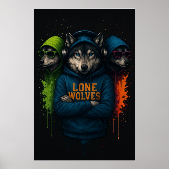 Póster Lone Wolves Hoodie Trio –Cool Wolf Pack Street Art (Frente)