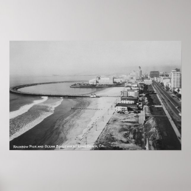 Póster Long Beach, California Rainbow Pier y Ocean (Frente)