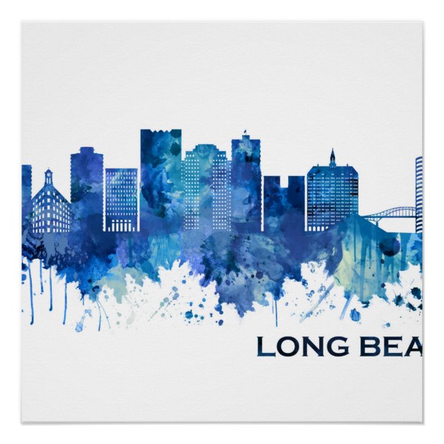 Póster Long Beach California Skyline Blue (Anverso)