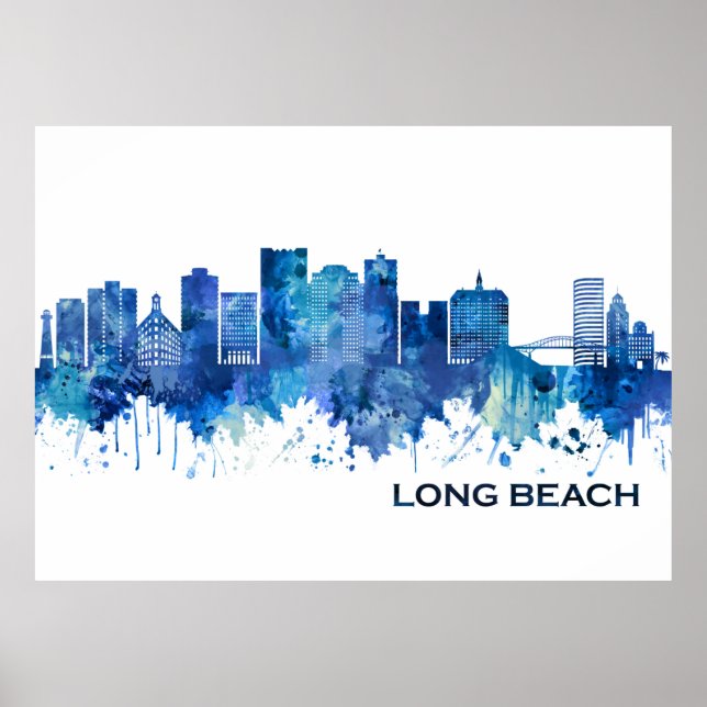 Póster Long Beach California Skyline Blue (Frente)
