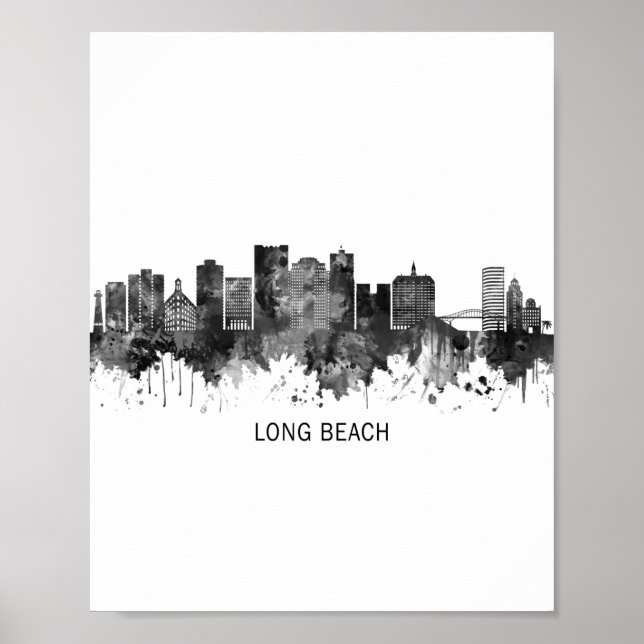 Póster Long Beach California Skyline BW (Frente)