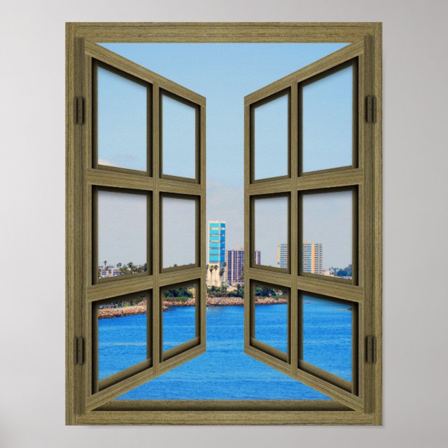 Póster Long Beach Harbor View - 6 Pane Open Window Poster (Frente)