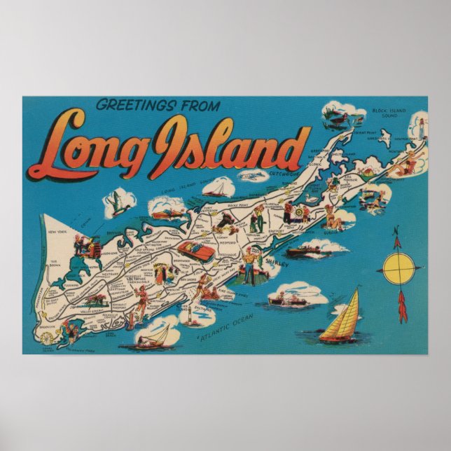 Póster Long Island, Nueva York - Saludos desde (Frente)