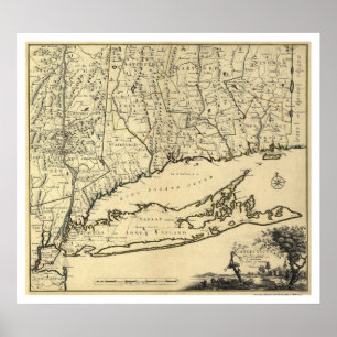 Póster Long Island y mapa 1780 de Connecticut