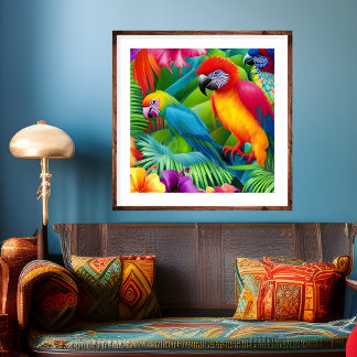 Póster Loro 3 Aves palmas tropicales florales azul púrpur